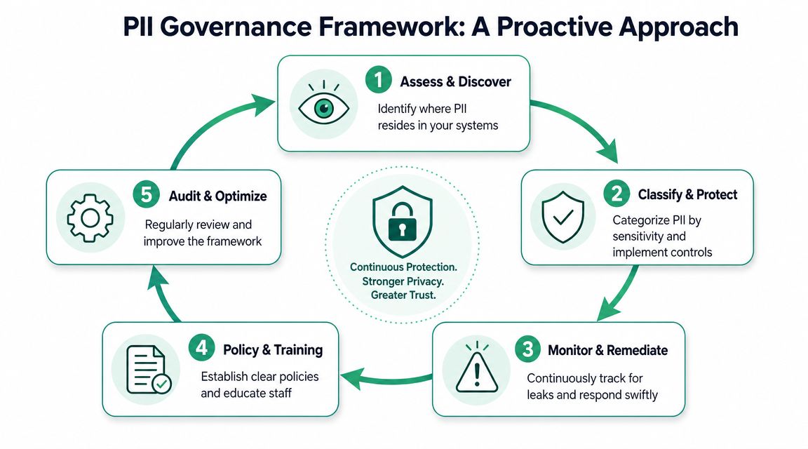 A diagram illustrating a five-step proactive PII governance framework for managing sensitive personal data security.