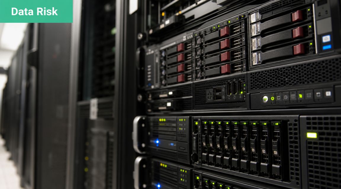 A server rack in a data center representing potential data risk and digital security challenges.