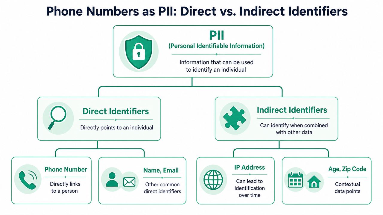 A diagram illustrating how phone numbers act as PII, categorizing information into direct and indirect identifiers.