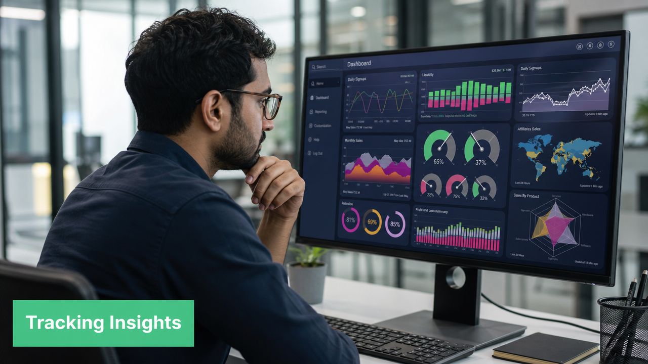 A professional man analyzing complex data visualization dashboards on a large computer monitor in an office.