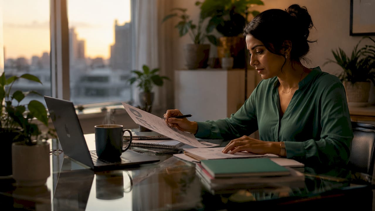 Analyst reviewing data charts at desk