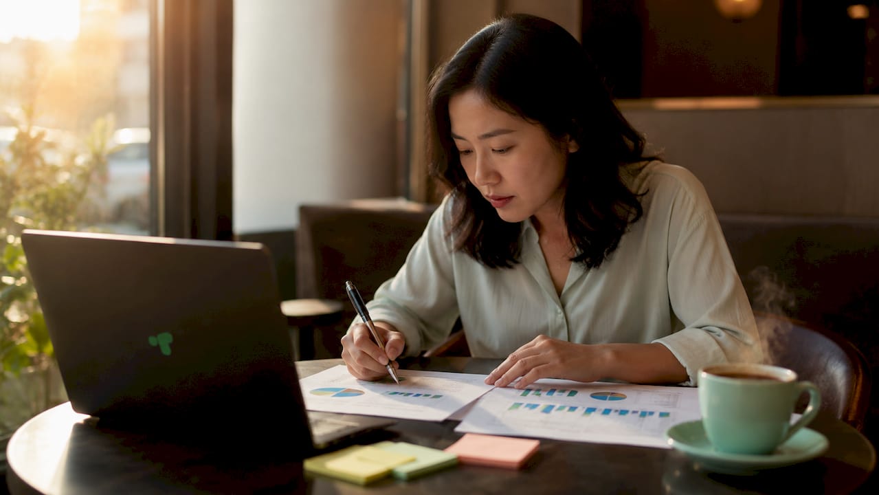 Analyst comparing printed data reports
