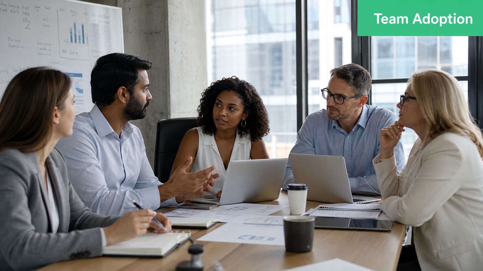 A professional team of diverse colleagues collaborating in an office meeting around a conference table.