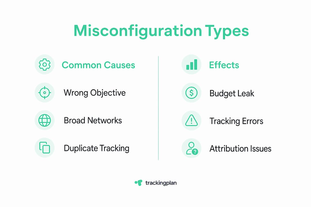 Infographic contrasting common campaign misconfiguration causes and their effects