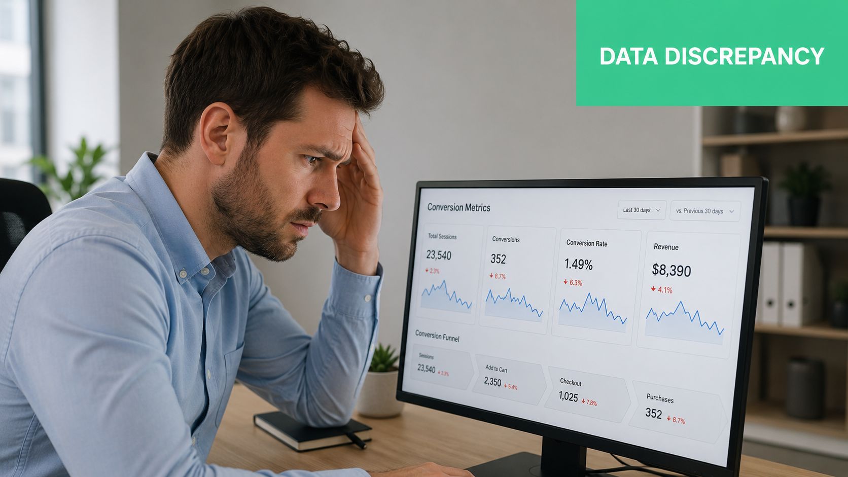 A concerned businessman looking at a computer screen showing declining website conversion metrics and financial data.