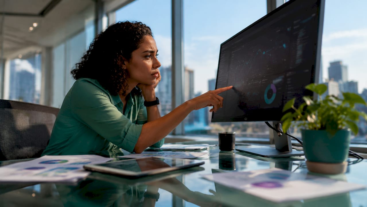 Marketer inspecting monitor for broken pixels