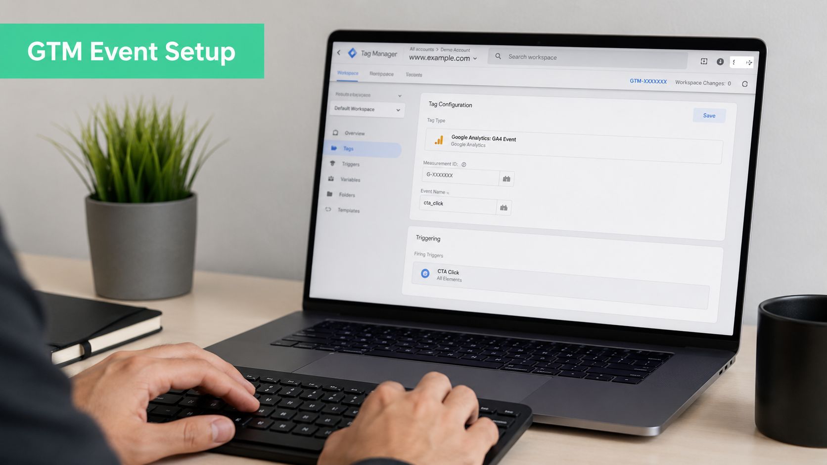 A person using a laptop to configure a Google Analytics event tag in Google Tag Manager interface.