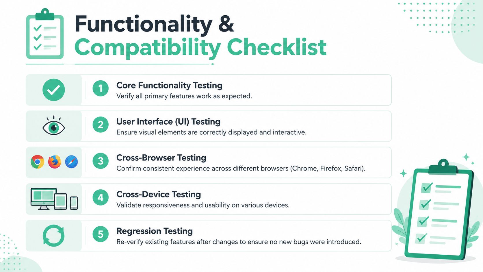 A checklist infographic illustrating five essential types of software website quality assurance testing methods.