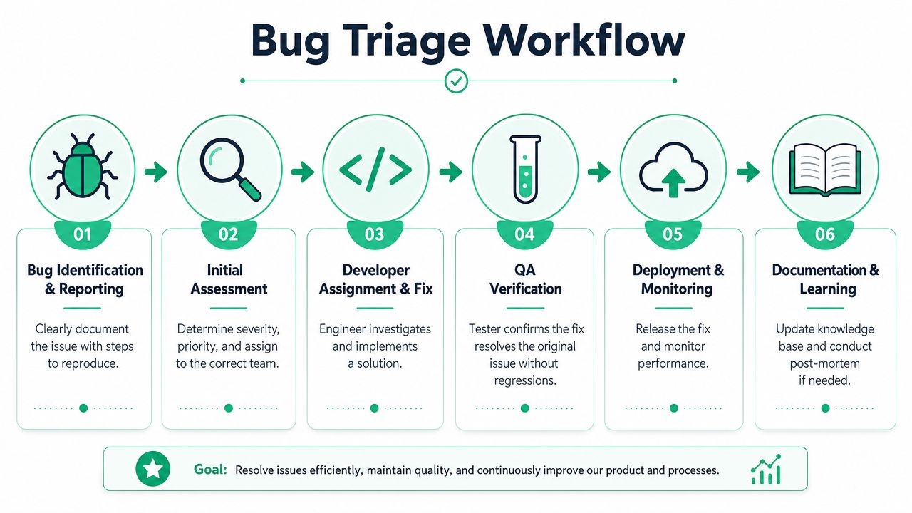 A six-step infographic illustrating the bug triage workflow process for software quality assurance and development.