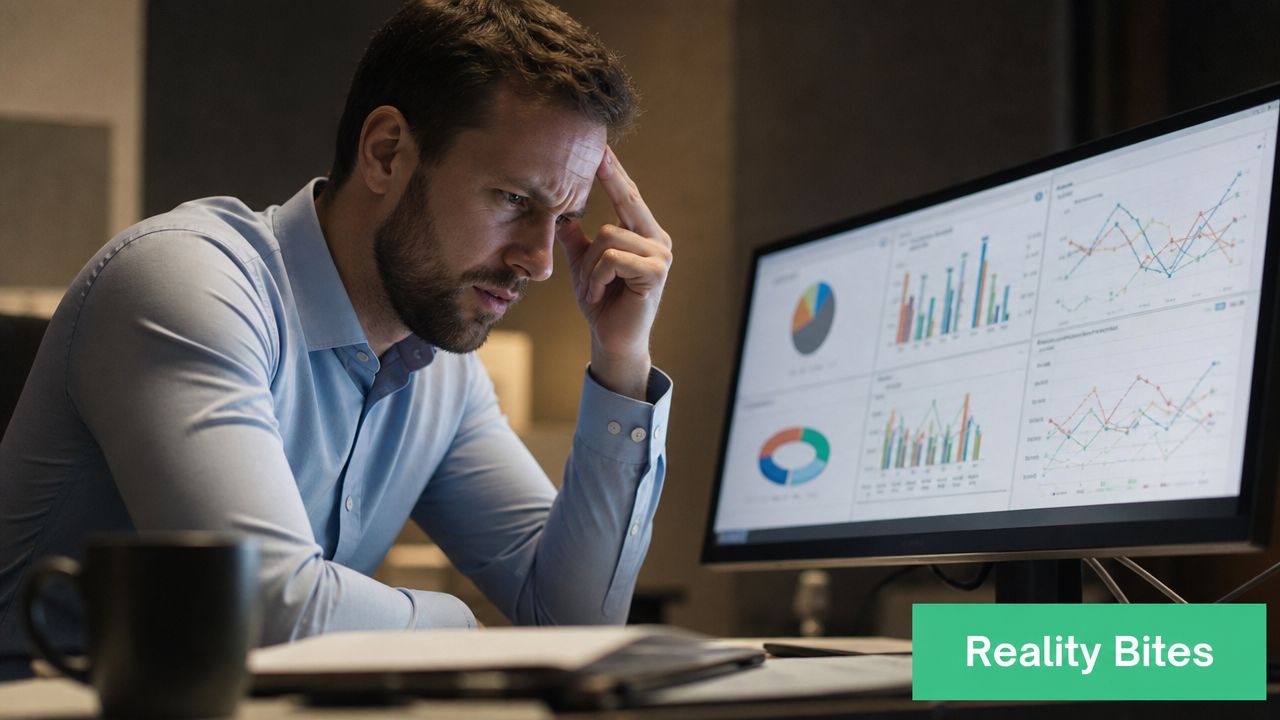 A focused man analyzing complex financial charts and data on a computer monitor in a dim office.