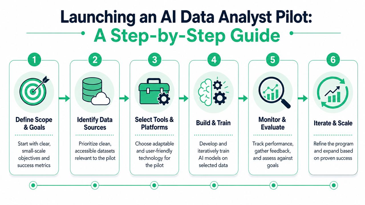 A step-by-step infographic titled Launching an AI Data Analyst Pilot with six numbered stages.