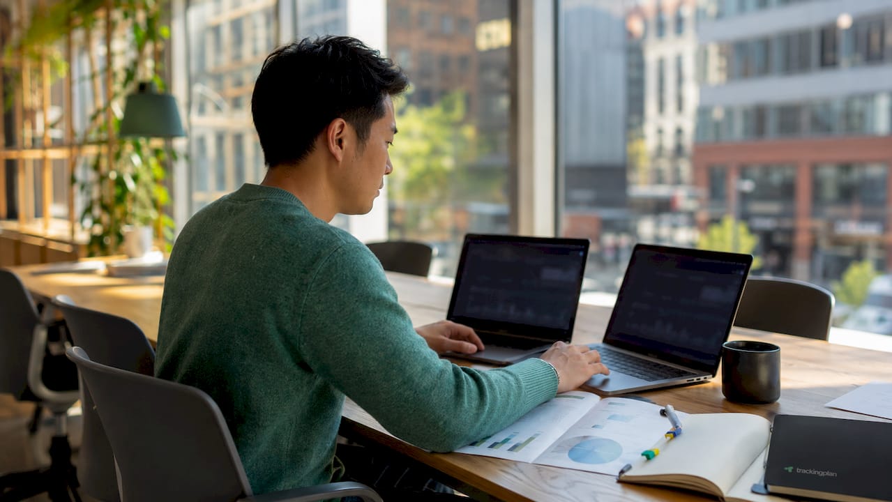 Analyst reviewing marketing data at office desk