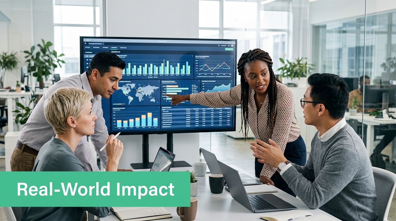 A professional team collaborates on a data project while looking at a large digital analytics dashboard screen.