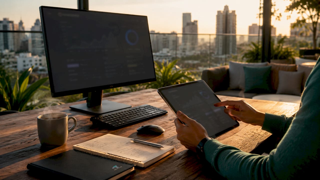 Hands adjusting marketing analytics on tablet in office