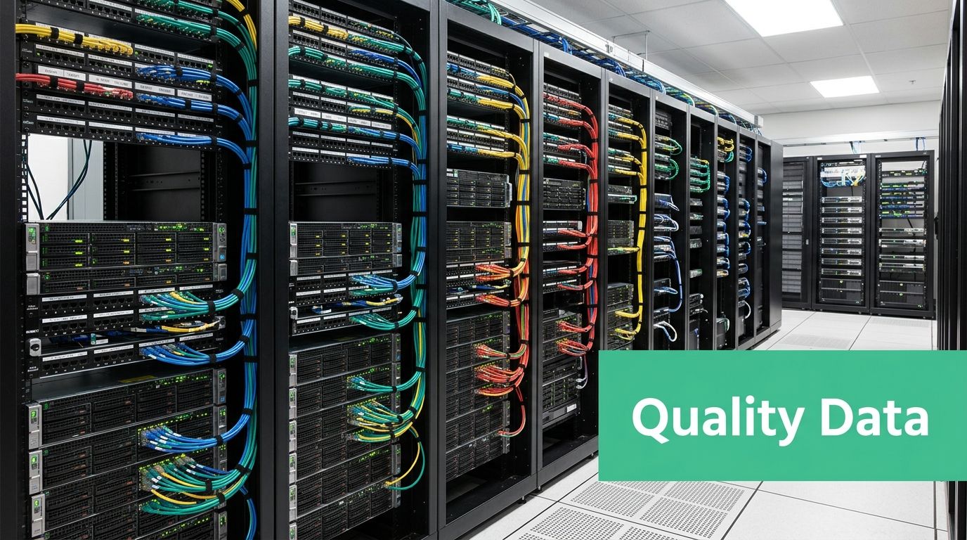 Rows of professional server racks in a high-tech data center with organized blue and yellow cables.