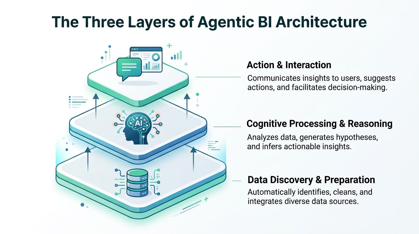 A diagram illustrating the three-layer architecture of Agentic BI: Data, Cognitive Processing, and Action and Interaction.