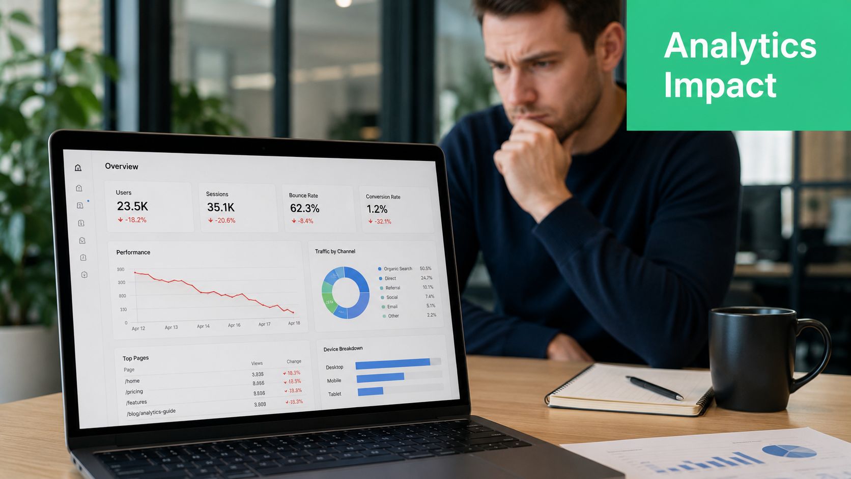 A professional analyzing website performance metrics and declining analytics data on a laptop screen.