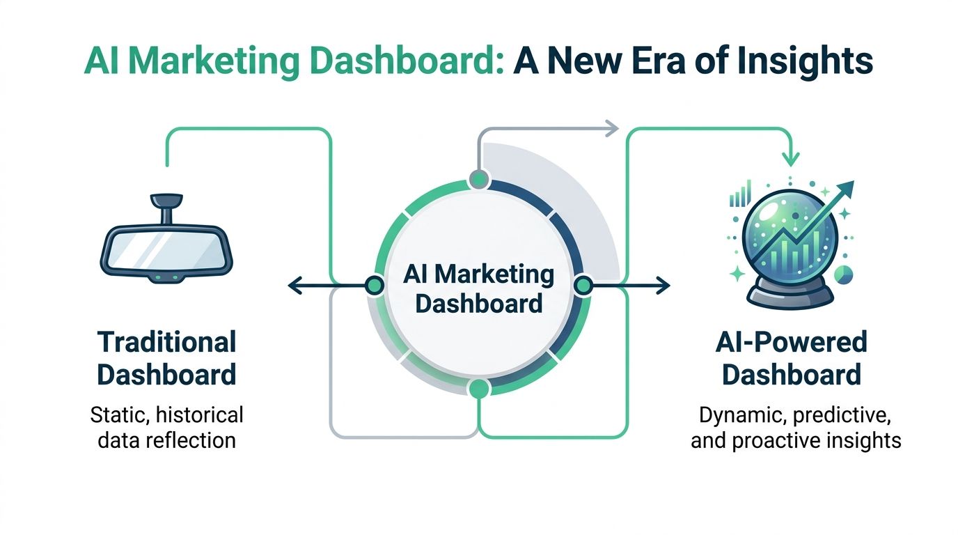 A diagram comparing a traditional static dashboard to a forward-looking, AI-powered predictive marketing dashboard.
