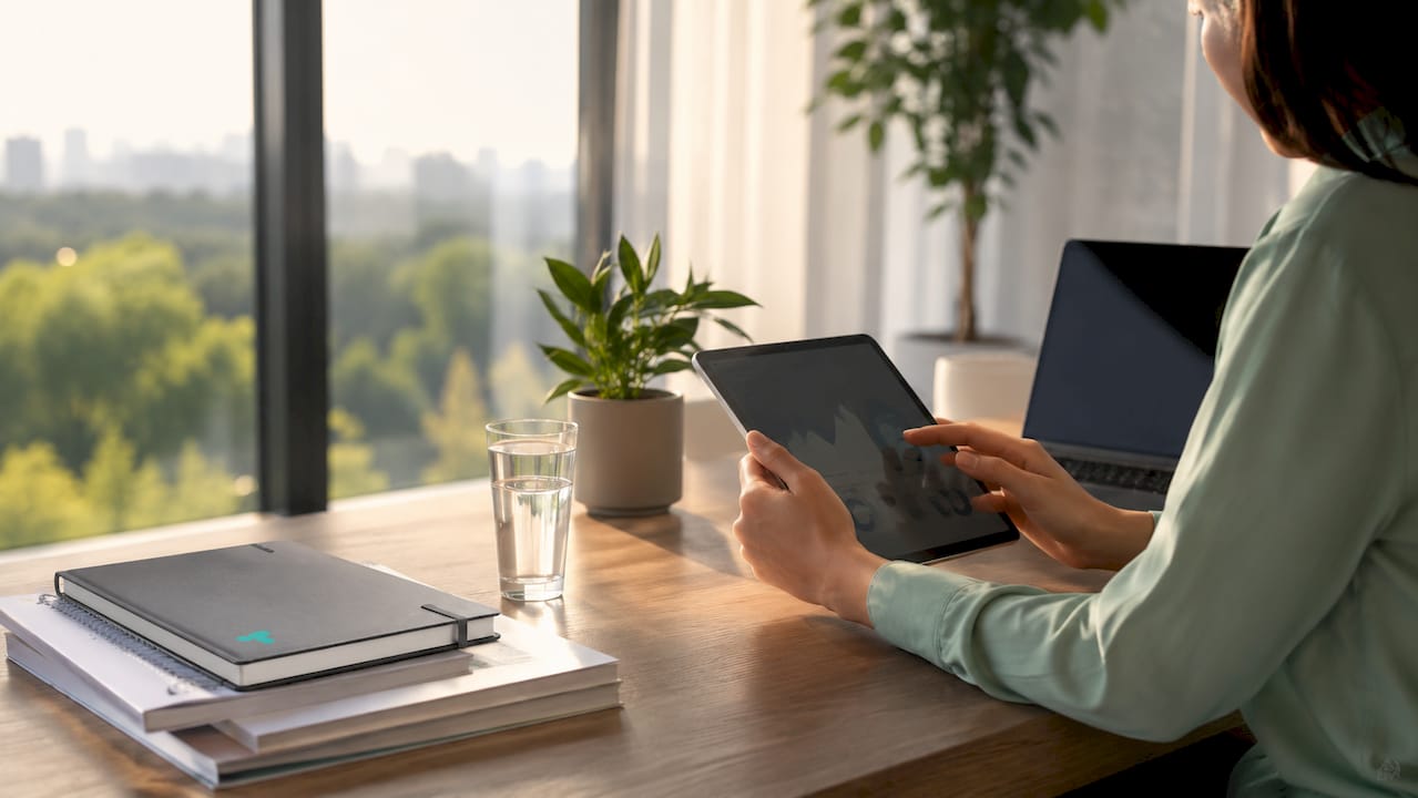 Hands holding tablet in analytics workspace