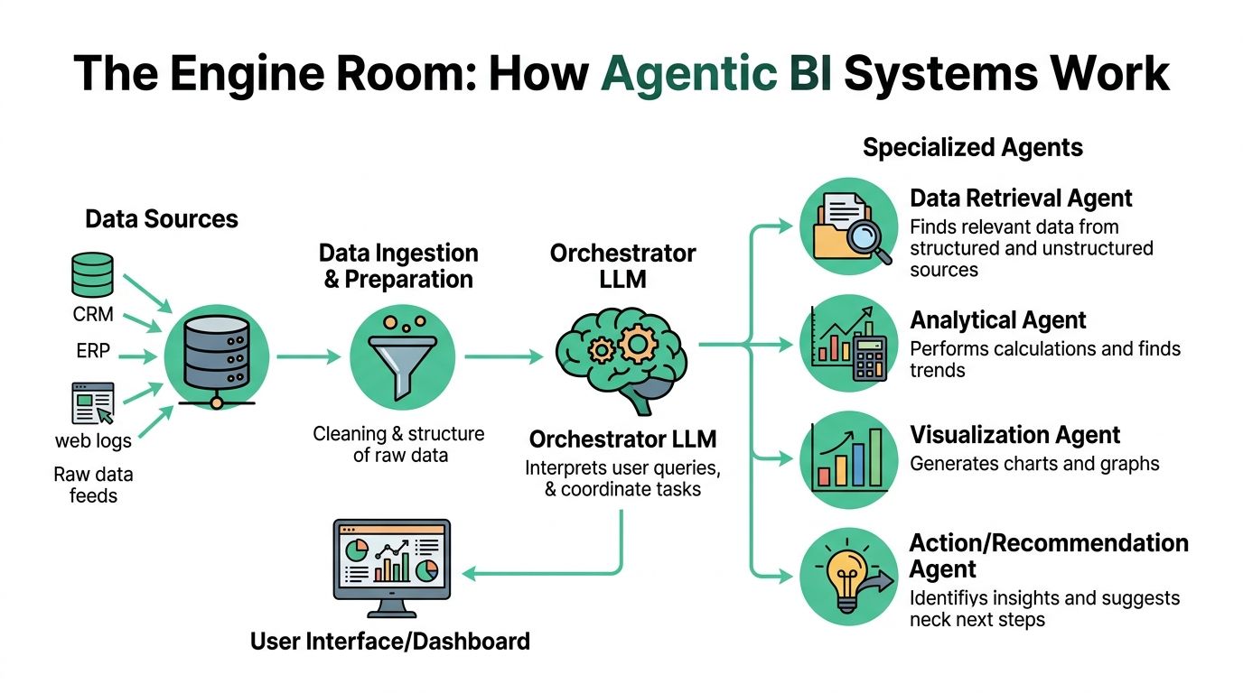A diagram illustrating how Agentic BI systems process data using an orchestrator LLM and specialized agents.