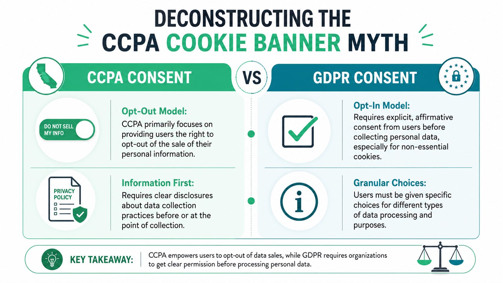 A comparison infographic explaining the differences between CCPA and GDPR cookie banner consent requirements.
