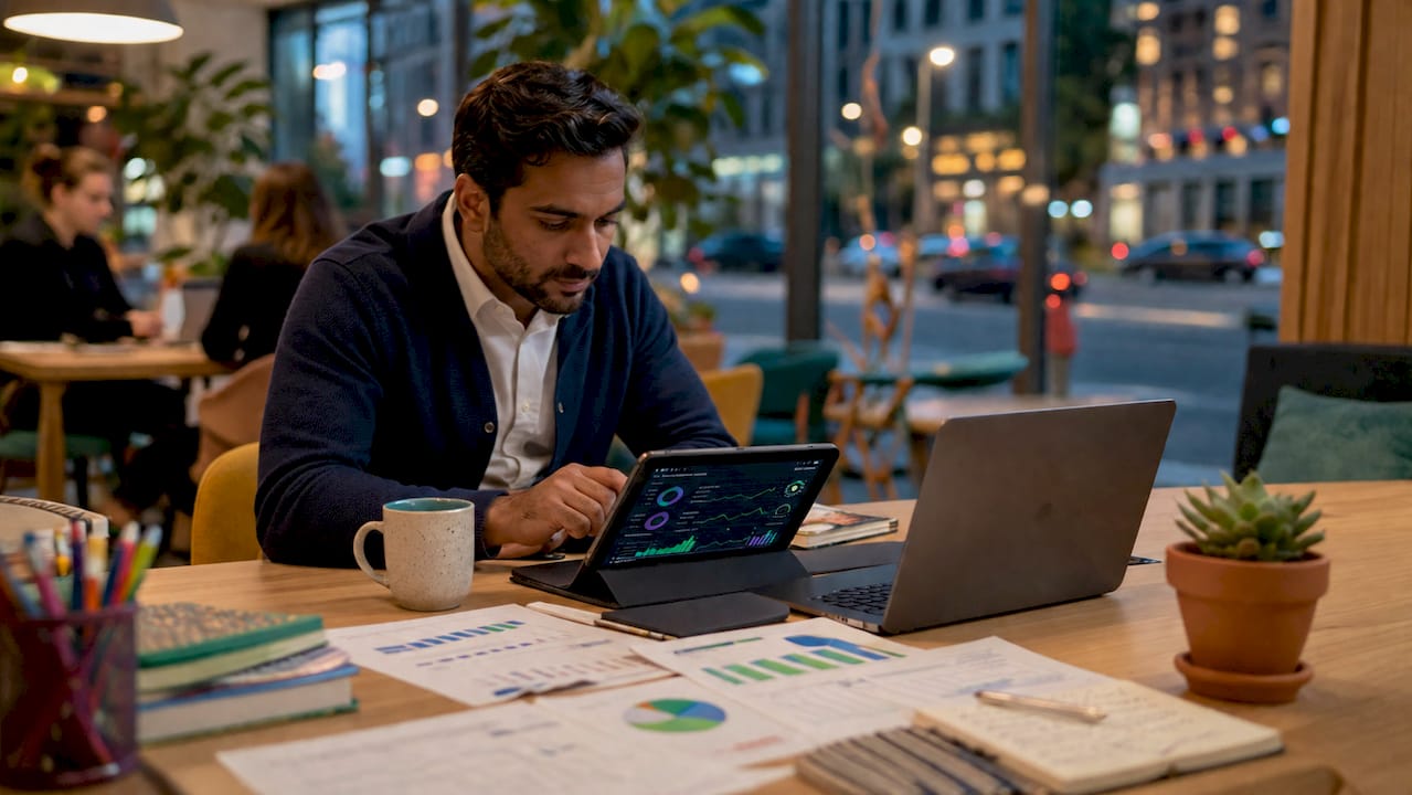 Professional reviewing marketing data at desk
