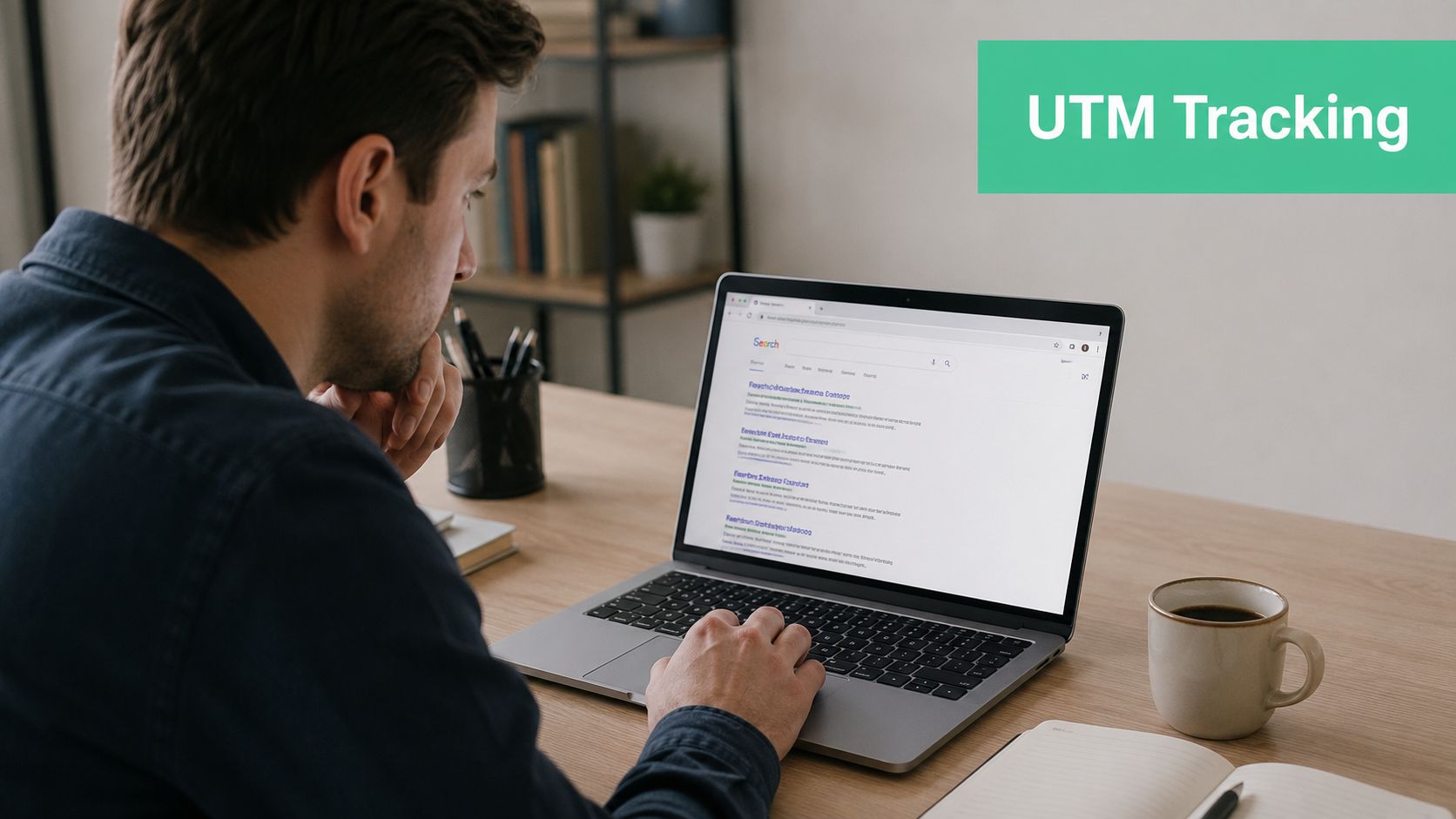 A man working on his laptop while researching paid media examples and online UTM tracking strategies.