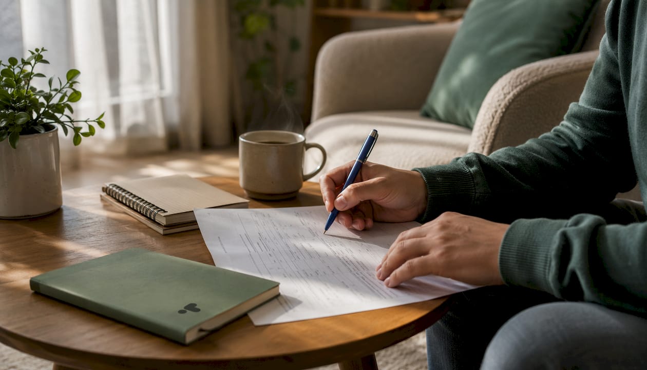 Hands filling privacy request form on desk