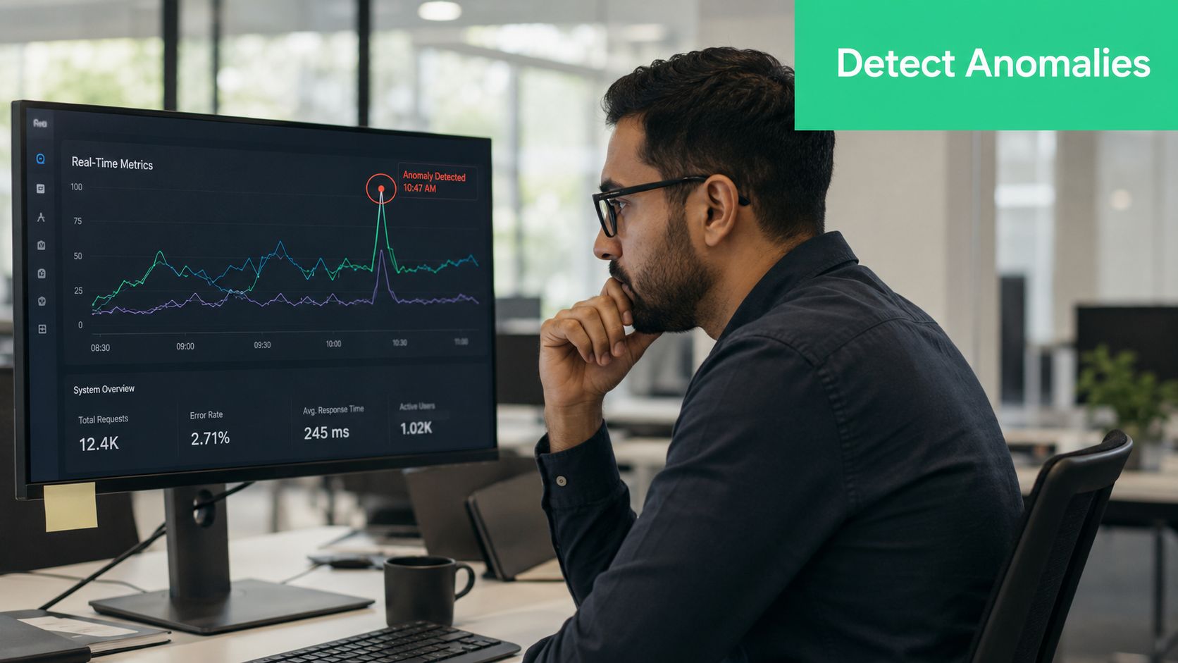 A professional analyzing real-time performance metrics and anomaly alerts on a digital computer dashboard in an office.