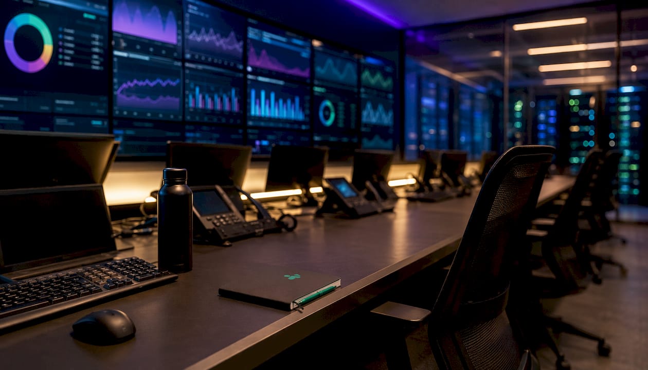 Corporate IT operations room with analytics screens