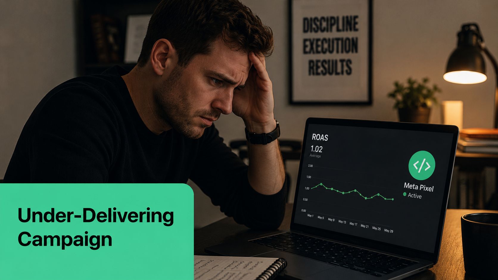 A stressed marketer looking at a laptop screen displaying a low return on ad spend chart.