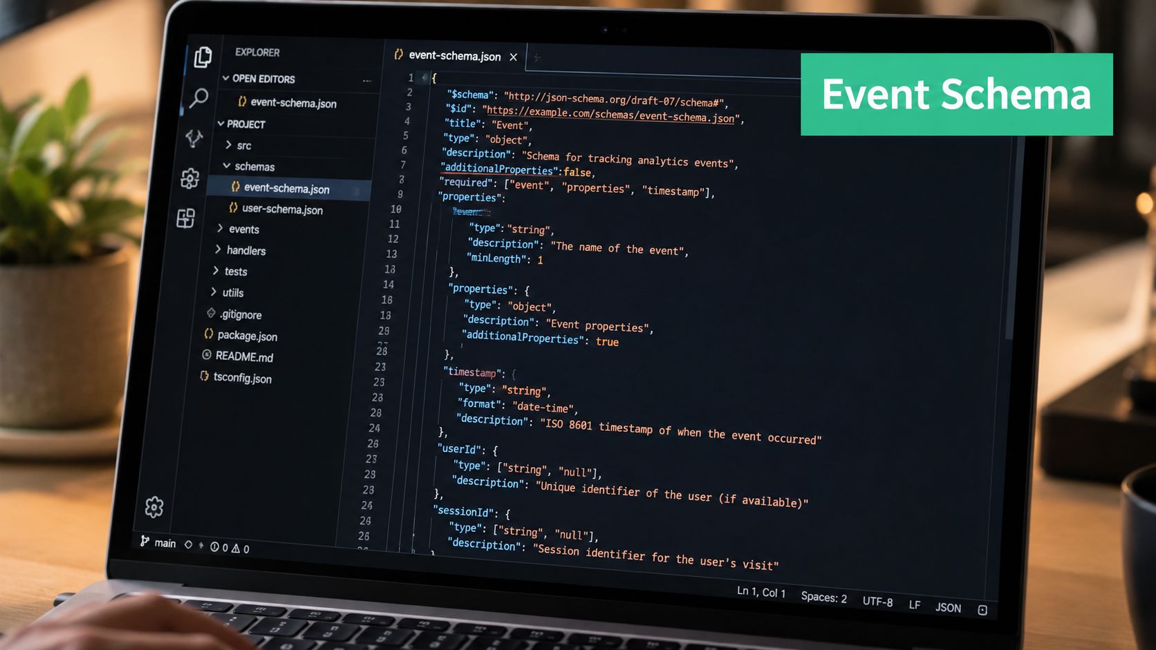 A developer editing a JSON event schema file for analytics tracking inside the Visual Studio Code editor.