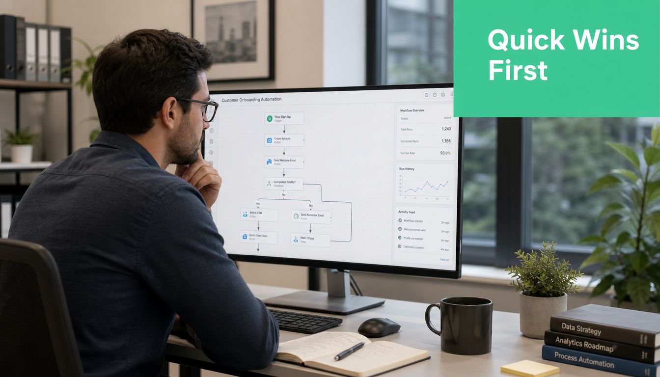 A professional analyzing a customer onboarding workflow automation dashboard on a computer screen in an office.
