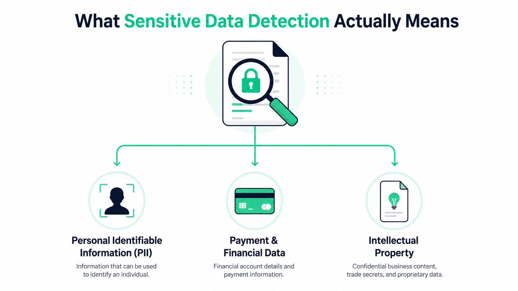 A diagram illustrating sensitive data detection, covering personal identifiable information, financial data, and intellectual property.