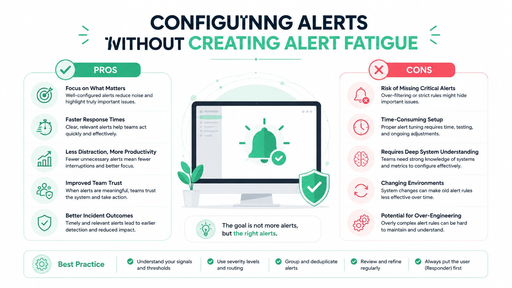 An infographic showing pros and cons of configuring monitoring alerts to avoid alert fatigue in software systems.