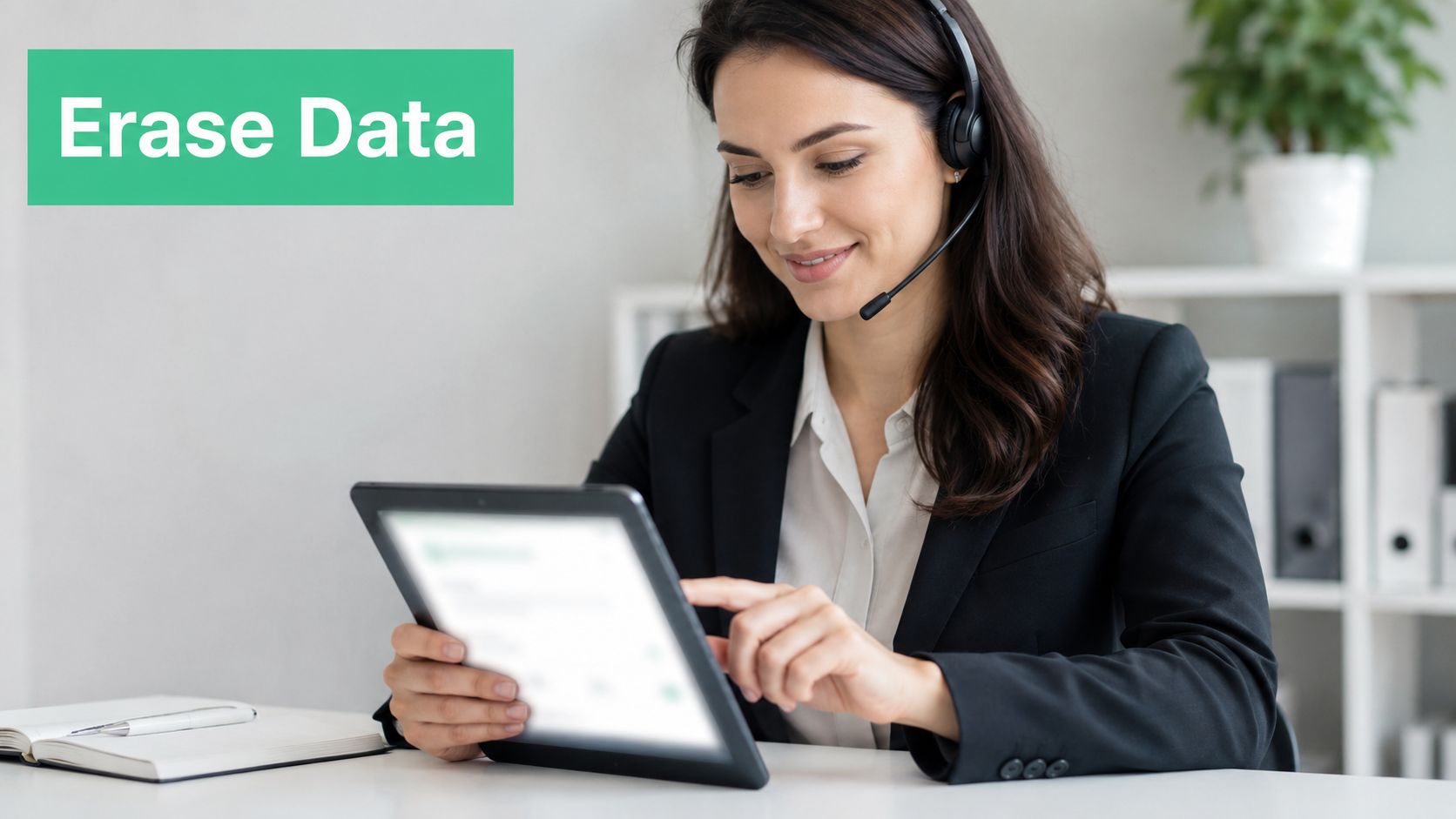A professional customer service representative wearing a headset uses a tablet in a bright office environment.