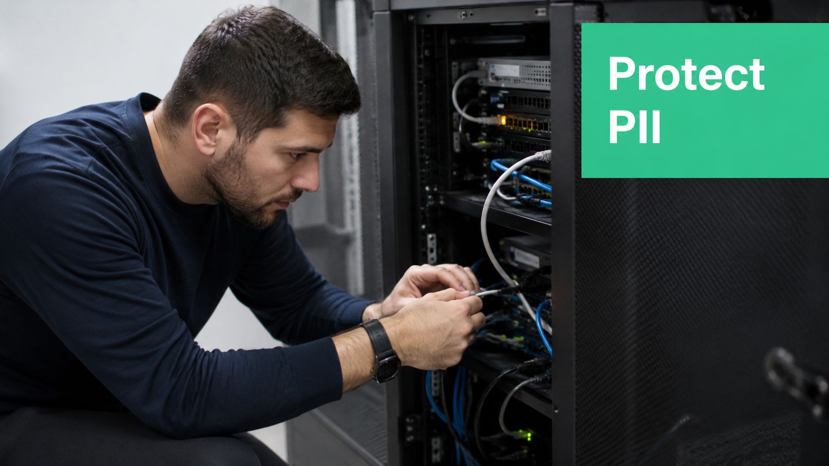 An IT technician manages server cables in a data center with a green Protect PII text overlay.