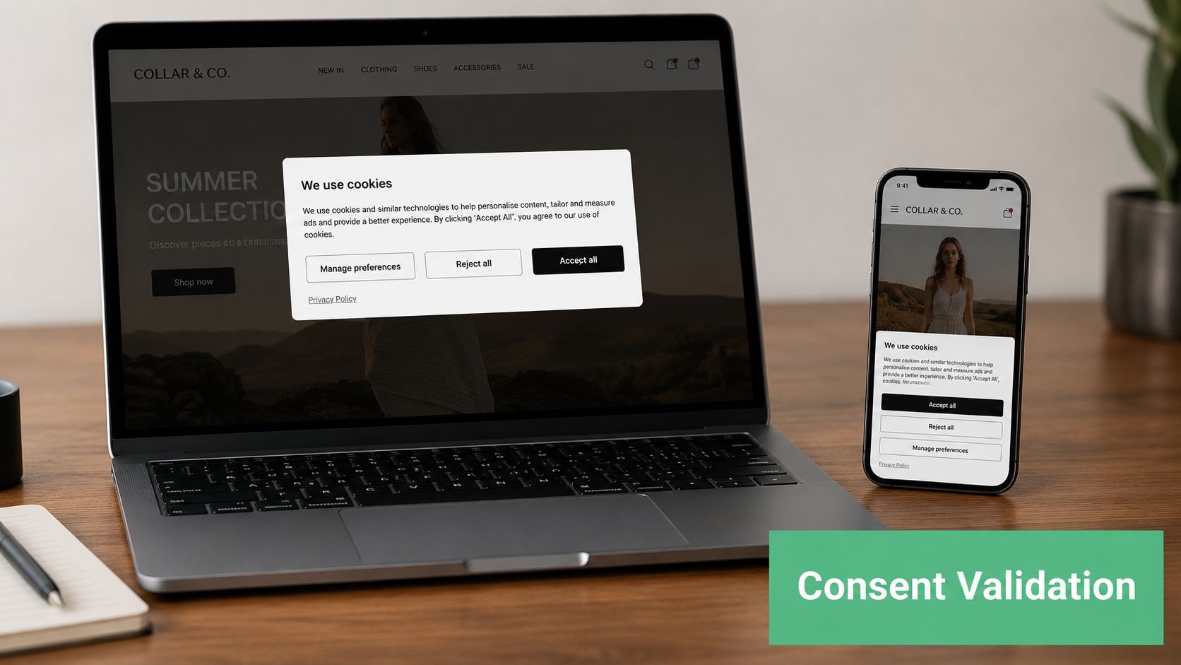 A laptop and smartphone displaying cookie consent banners for a privacy tracking audit on a wooden desk.