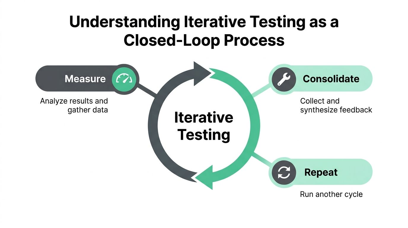 A diagram illustrating iterative testing as a closed-loop process involving measuring, consolidating, and repeating cycles.
