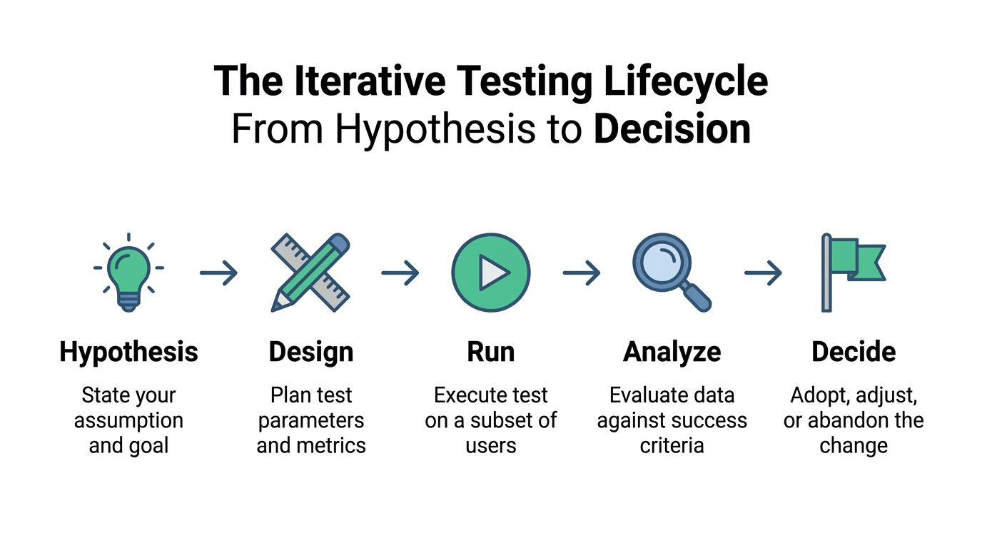 A diagram illustrating the five-step iterative testing lifecycle from forming a hypothesis to making a final decision.