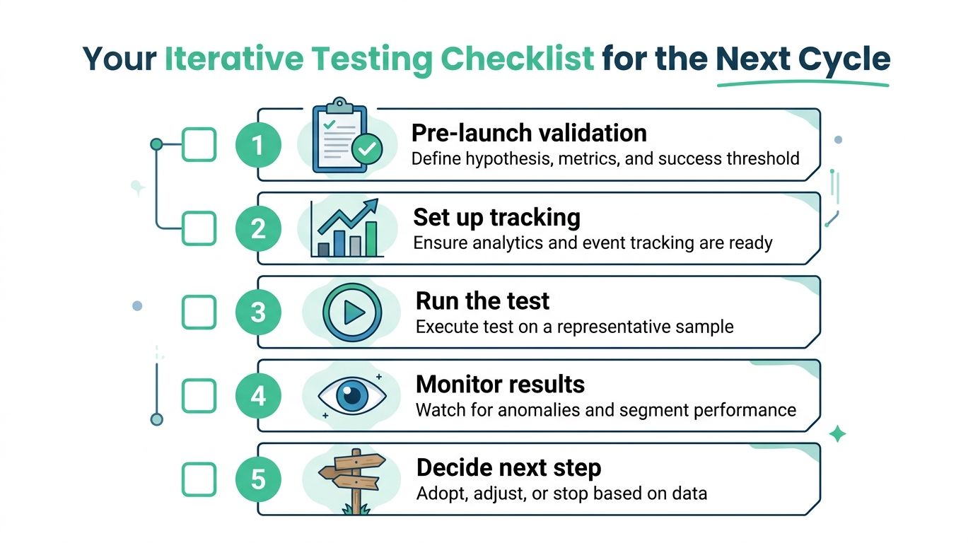 A five-step checklist for iterative testing labeled with stages from pre-launch validation to deciding the next step.