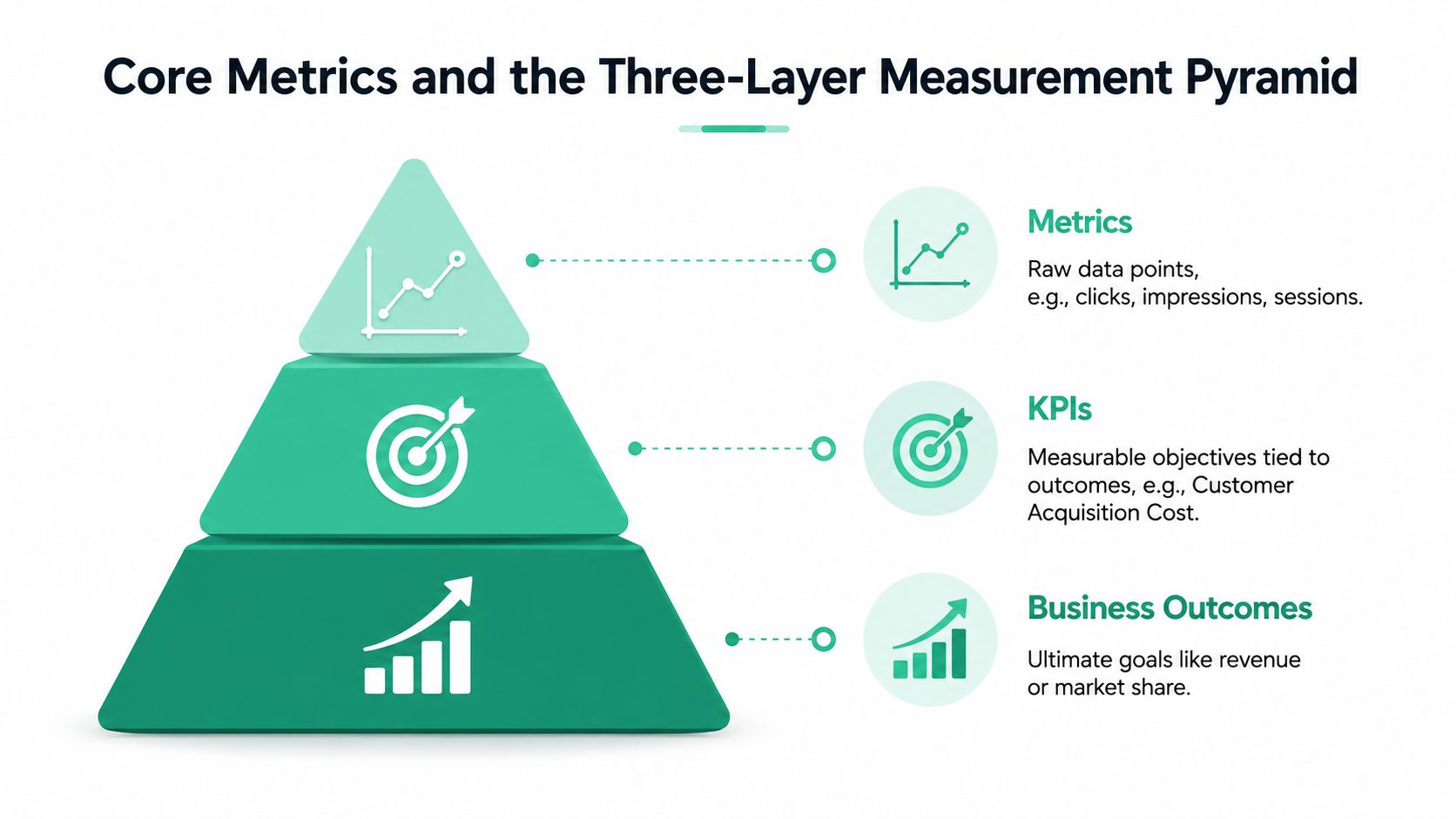 A pyramid diagram showing the three-layer measurement framework: metrics, KPIs, and business outcomes for marketing data.