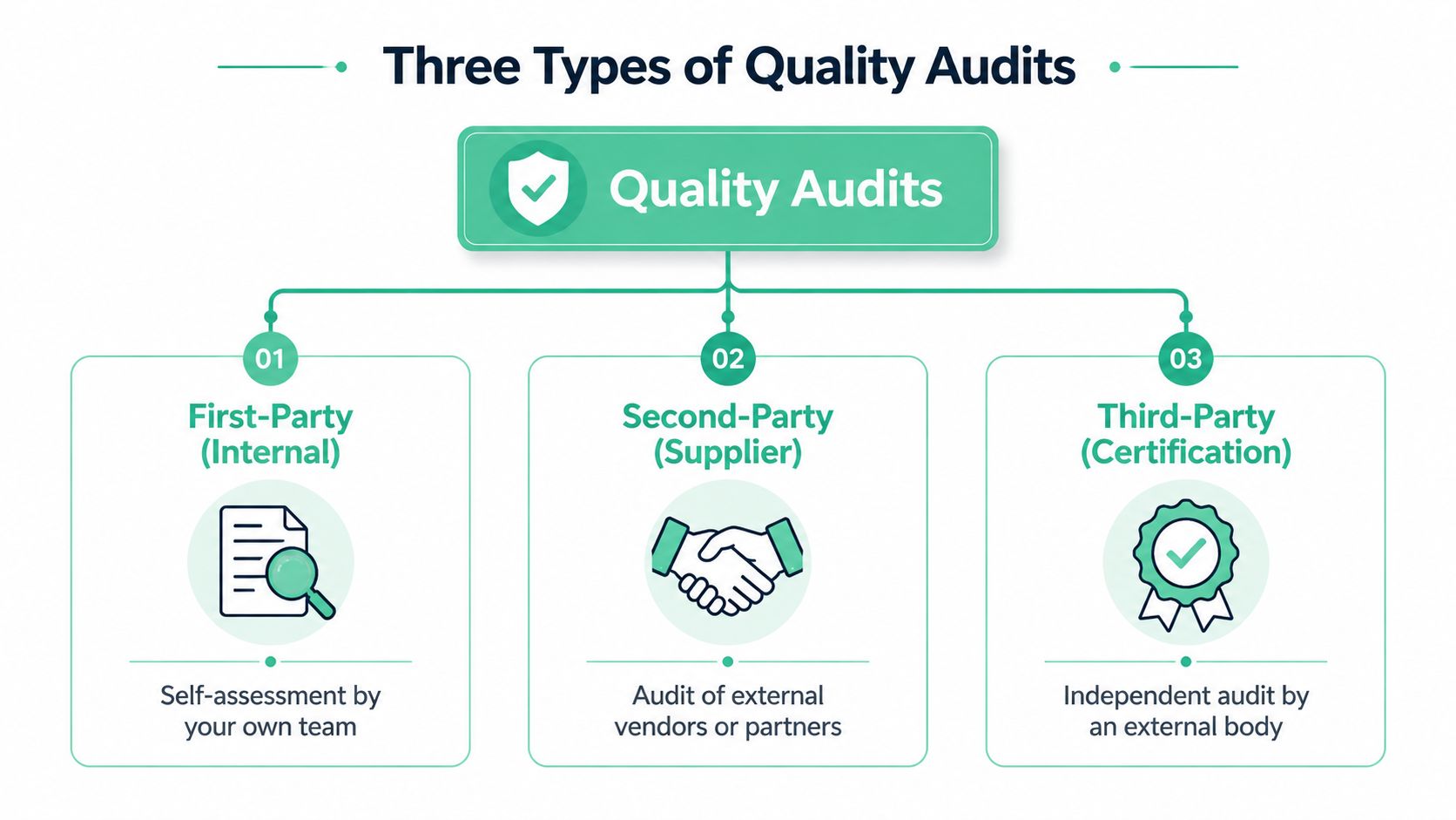 A diagram illustrating the three types of quality audits: first-party, second-party, and third-party certifications.