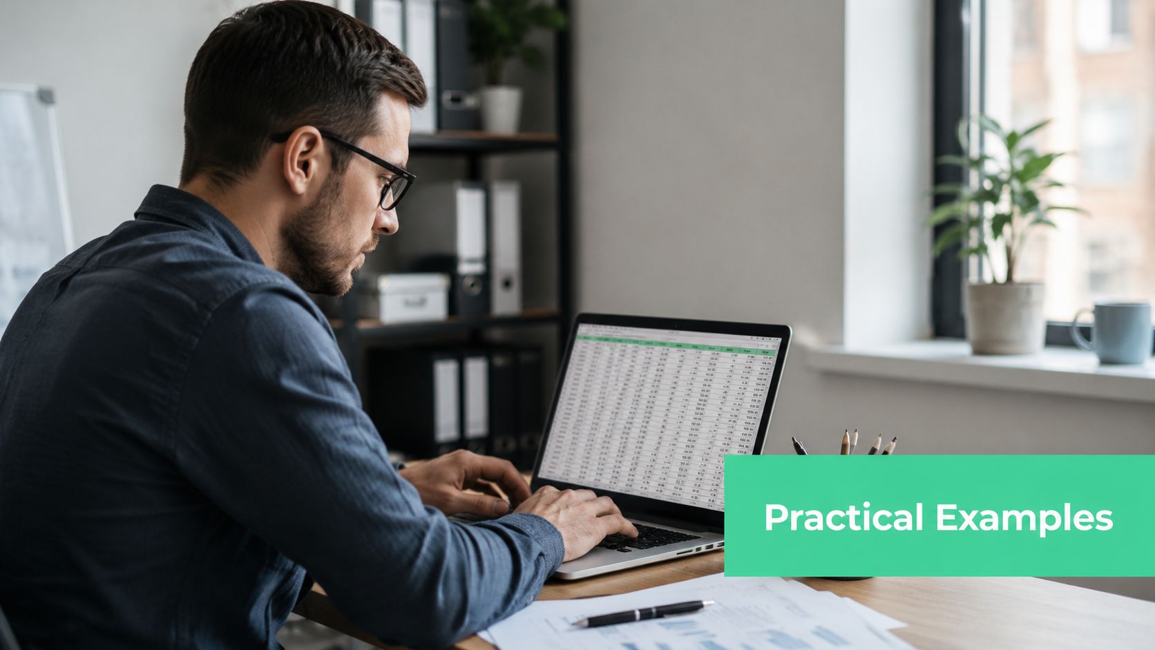 A professional man with glasses working on data analysis using a laptop at his desk.