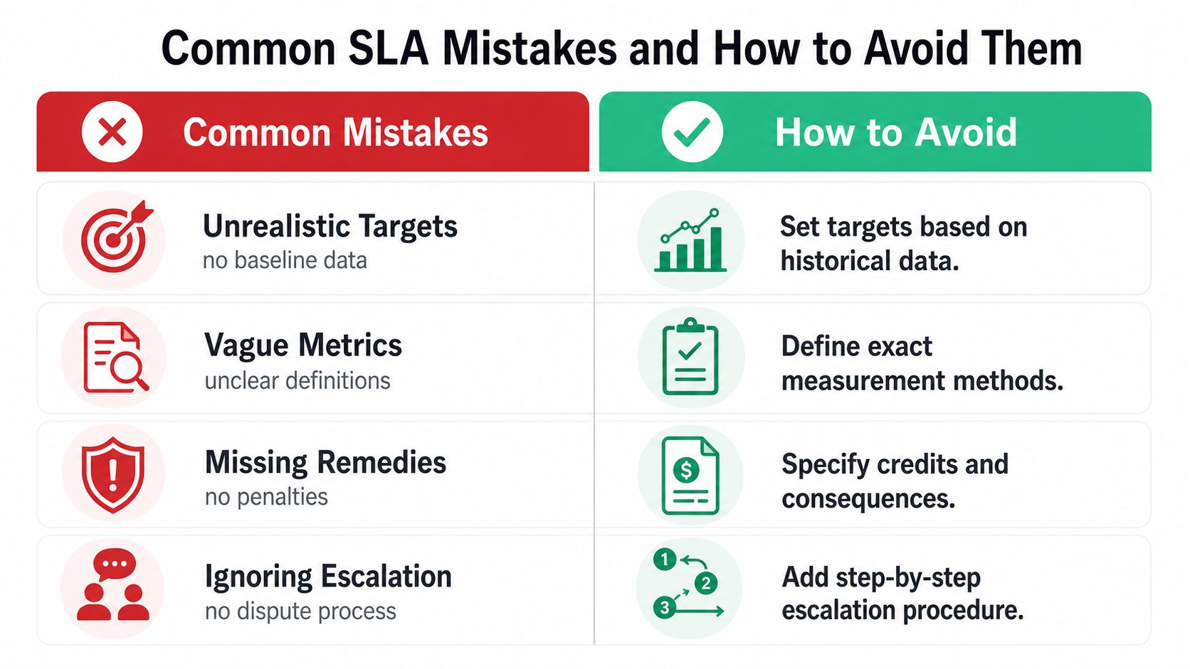 A chart showing four common service level agreement mistakes and practical ways to avoid them effectively.