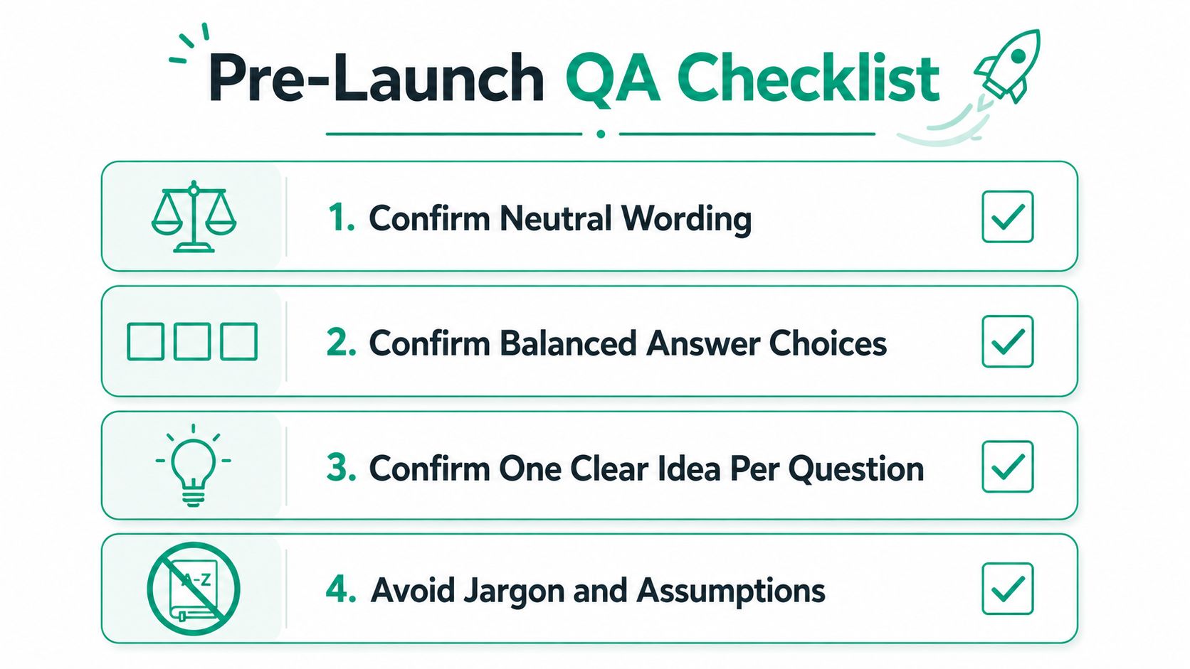 A green and white infographic titled Pre-Launch QA Checklist detailing four tips for creating unbiased survey questions.