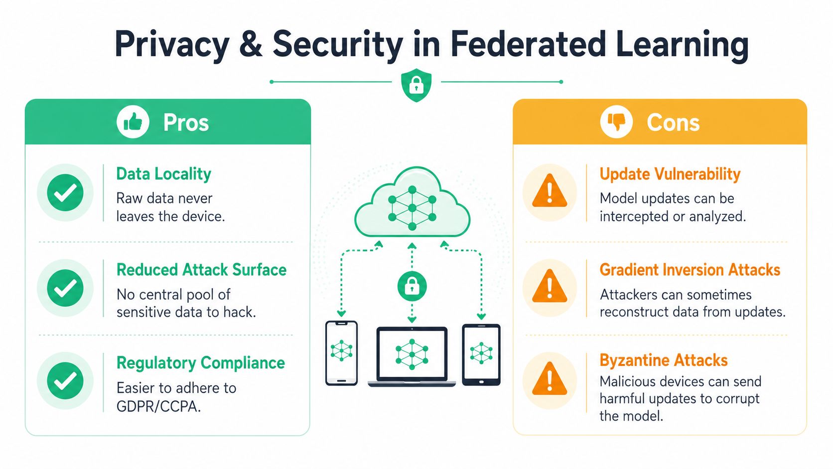 An infographic showing the advantages and disadvantages of privacy and security in federated learning systems.