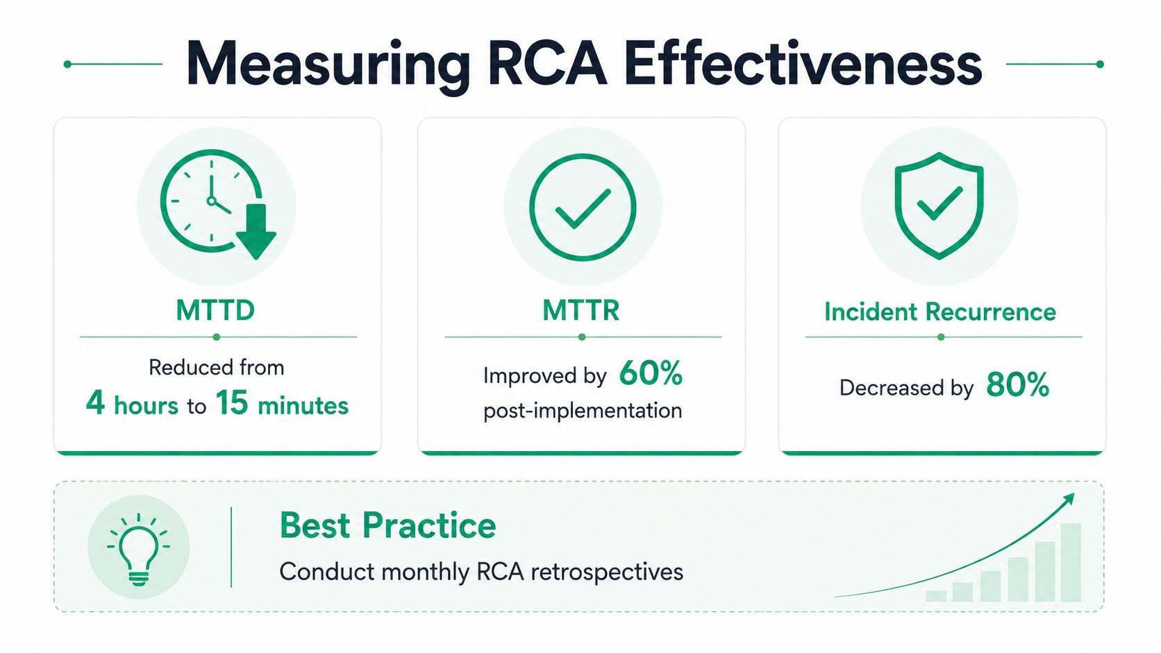 An infographic showing metrics to measure Root Cause Analysis effectiveness including MTTD, MTTR, and incident recurrence.