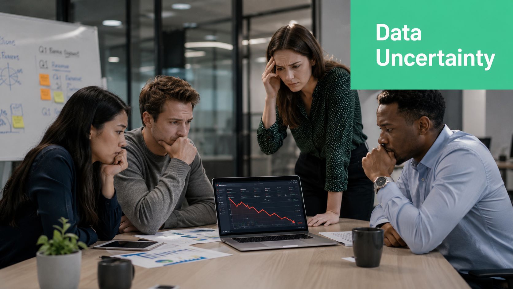 A diverse team of office professionals analyzing a declining stock market chart on a laptop screen.