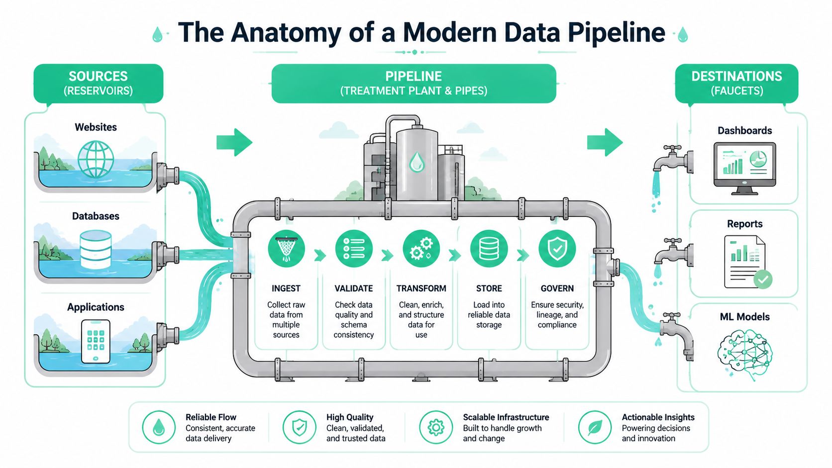 A diagram illustrating a modern data pipeline process from sources to storage, processing, and destinations.